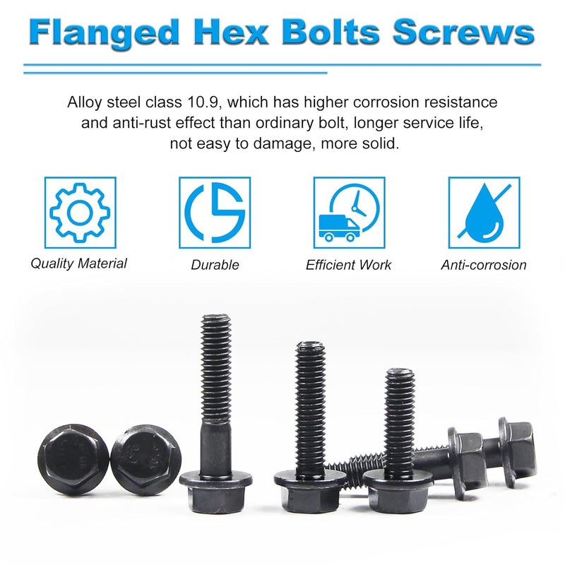 Yinpecly M8-1.25 X 20mm Flanged Hex Head Bolts Flange Hexagon Screws, External Flange Hex Drive Screws,Class 10.9 Black Finish,Alloy Steel, Fully Threaded, 25 PCS - Image 4